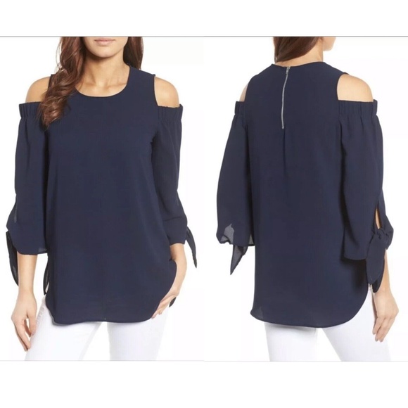 Gibson Women’s Size X-Small Solid Navy Blue Cold Shoulder Tunic Tie Sleeve Top - Picture 12 of 12